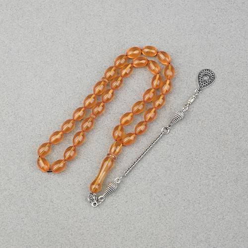 S�kma Kehribar Alpaka P�sk�ll� Beyzi Kesim 7x11mm Tesbih- �effaf Koyu Sar�