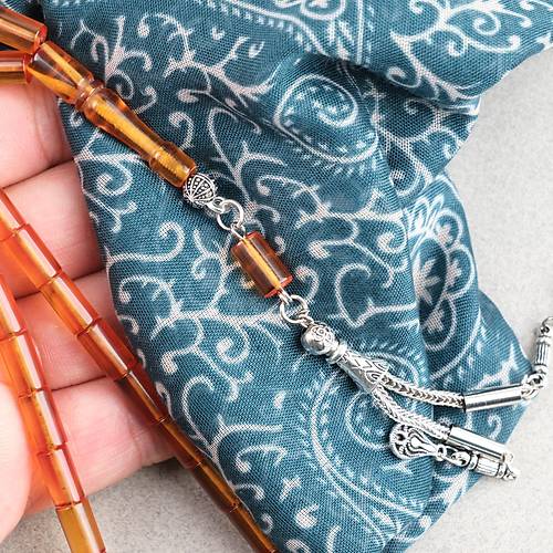 S�kma Kehribar Kesme Kesim Alpaka P�sk�ll� 6x10mm Tesbih Turuncu