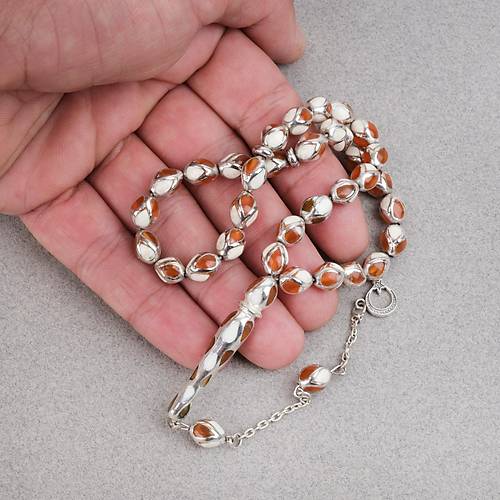 G�m�� Kaplama Kafesli Mine Beyzi 7x9mm Tesbih -Turkuaz Beyaz