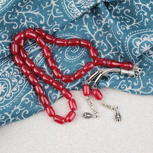 S�kma Kehribar Kaps�l Kesim Alpaka P�sk�ll� 7x11mm Tesbih K�rm�z�