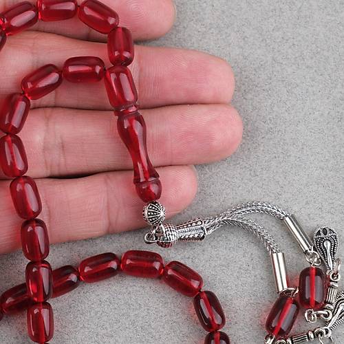 S�kma Kehribar Kaps�l Kesim Alpaka P�sk�ll� 7x11mm Tesbih K�rm�z�