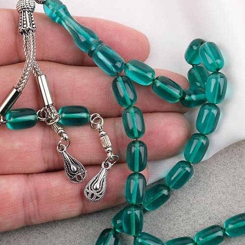 S�kma Kehribar Kaps�l Kesim Alpaka P�sk�ll� 7x11mm Tesbih Ye�il