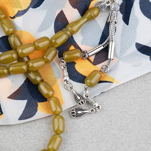 S�kma Kehribar Kaps�l Kesim Alpaka P�sk�ll� 7x11mm Tesbih Ya� Ye�ili