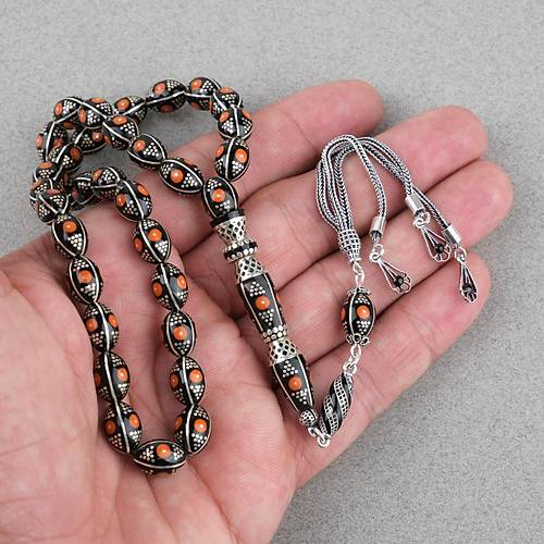 Erzurum Oltu 925Ayar Gm Katalin lemeli Nakka mame Beyzi Kesim 8x11mm Tesbih -Turuncu
