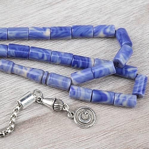 S�kma Kehribar Alpaka P�sk�ll� Kesme Kesim 6x10mm Tesbih - Krem - Mavi