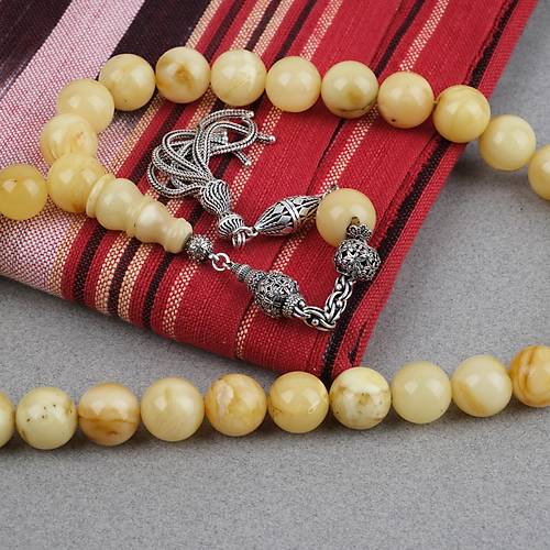 Kaya Damla Kehribar  925 Ayar G�m�� P�sk�l K�re Kesim 13mm Tesbih ve G�m�� Kehribar Y�z�k Seti