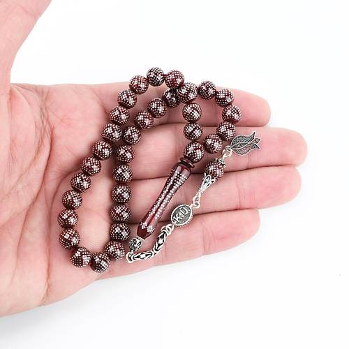 Ate Kehribar 925Ayar Gm akm ve Gm Pskl Bilek Boy Kre Kesim 7.5mm Tesbih -Krmz