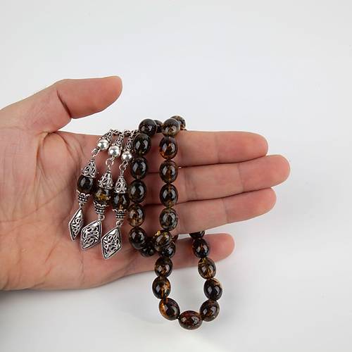 Balt�k Kaya 925Ayar G�m�� P�sk�l Damla Beyzi Kesim 10x13mm Tesbih (51gr)