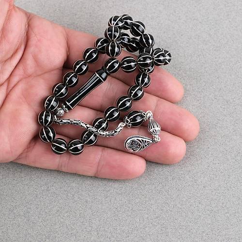Erzurum Oltu 925Ayar G�m�� 8li Karpuz Yarma Usta ��i �mzal� K�re Kesim 8.5mm Tesbih
