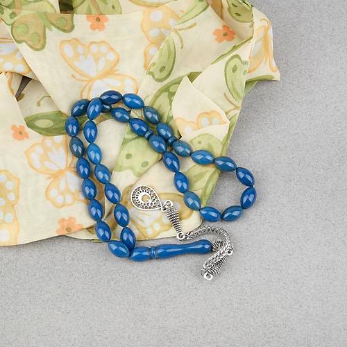 S�kma Kehribar Alpaka P�sk�ll� Beyzi Kesim 7x11mm Tesbih- Petrol Mavisi