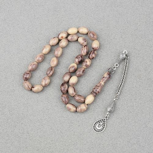 S�kma Kehribar Alpaka P�sk�ll� Beyzi Kesim 7x11mm Tesbih- Kahverengi