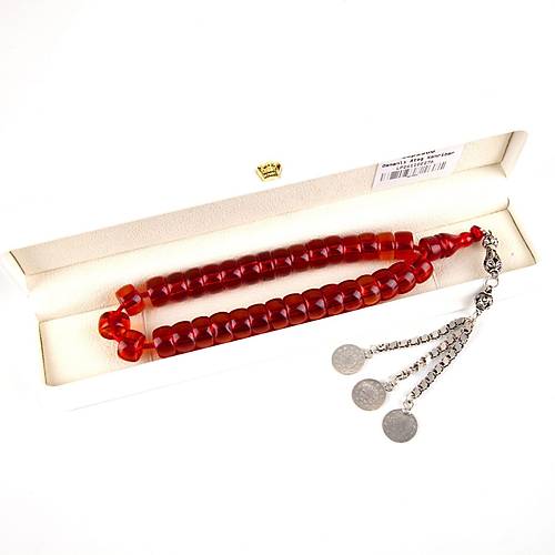 Osmanl Ate Kehribar 1900'ler Dnem i 925 Ayar Gm Pskl F Kesim 14x8mm Tesbih