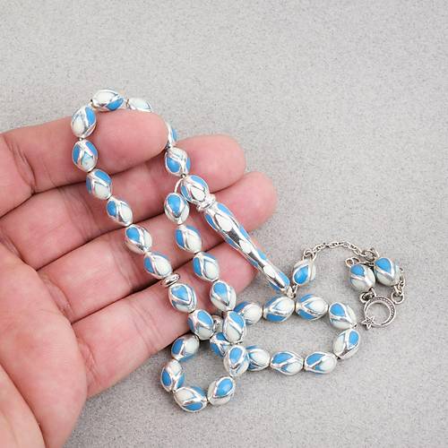 G�m�� Kaplama Kafesli Mine Beyzi 7x9mm Tesbih - Mavi Beyaz