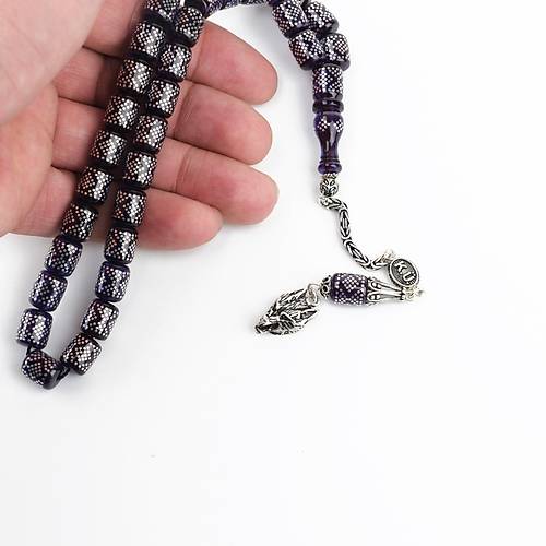 Ate Kehribar 925Ayar Gm akm ve Gm Pskl Kapsl Kesim 8x10mm Tesbih - Mavi