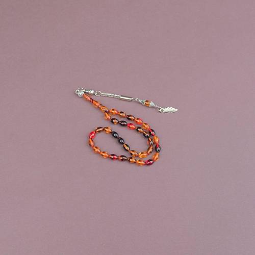 Ate� Kehribar Beyzi Kesim Bilek Boy 5x8mm Tesbih Alpaka P�sk�ll� Sar� K�rm�z�