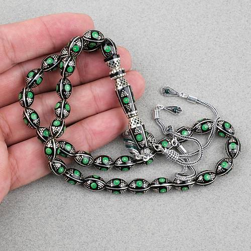 Erzurum Oltu 925Ayar Gm Katalin lemeli Nakka mame Beyzi Kesim 8x11mm Tesbih - Yeil