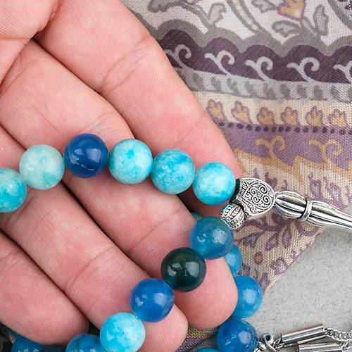 Akik Ta�� K�re Kesim 10mm Tesbih Alpaka P�sk�ll� Turkuaz Mavi