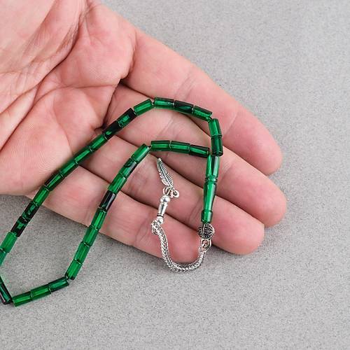 Ate� Kehribar Alpaka P�sk�ll� Kesme Kesim 4x7mm Tesbih- Ye�il
