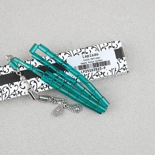 S�kma Kehribar Kesme Kesim Alpaka P�sk�ll� 6x10mm Tesbih A��k Ye�il