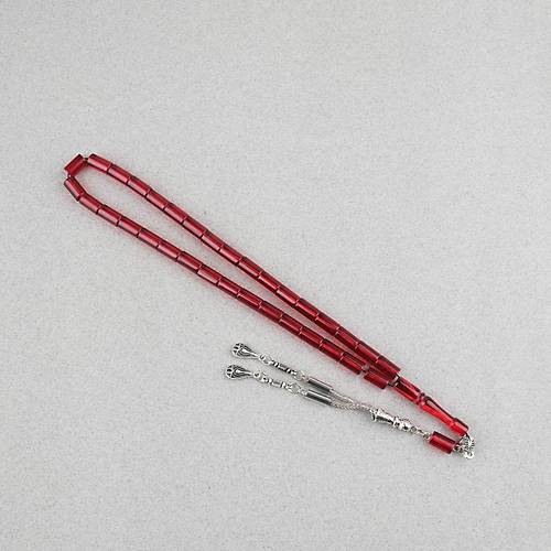 Ate� Kehribar Kesme Kesim Alpaka P�sk�ll� 6x10mm Tesbih K�rm�z�