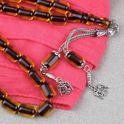 Ate� Kehribar Alpaka P�sk�ll� Kaps�l Kesim 9x12mm Tesbih - Siyah Sar�