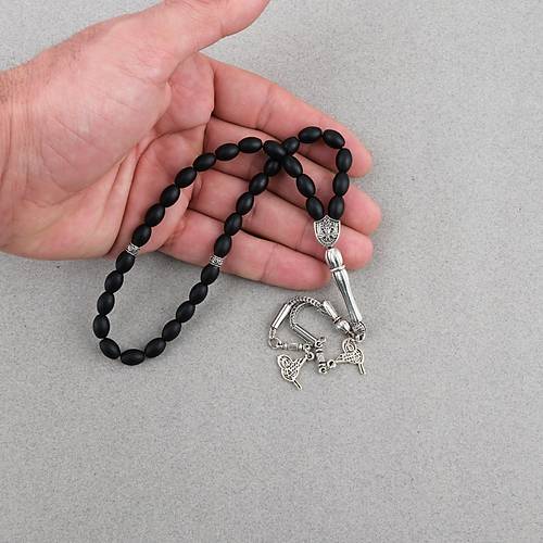 Oniks Ta�� Beyzi Kesim 6.5x9mm Tesbih Alpaka P�sk�ll� Mat Siyah