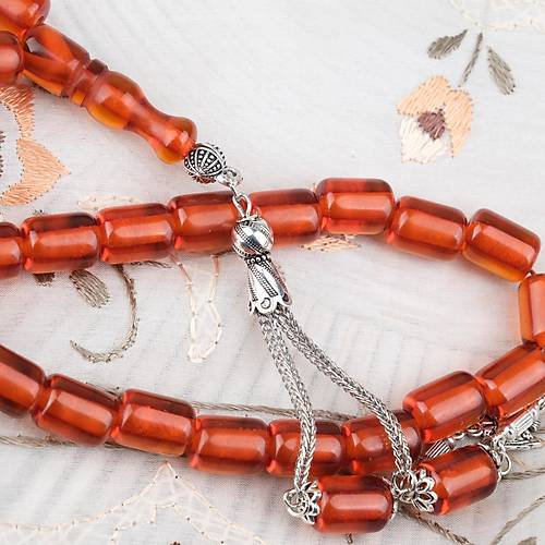 Ate� Kehribar Alpaka P�sk�ll� Kaps�l Kesim 9x12mm Tesbih - �effaf Karamel