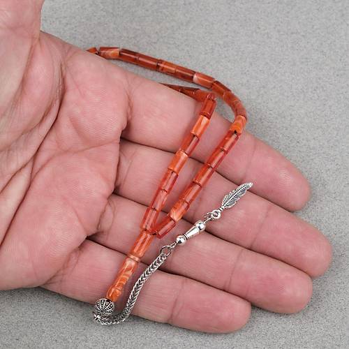 S�kma Kehribar Alpaka P�sk�ll� Kesme Kesim 4x7mm Tesbih- Krem-Turuncu