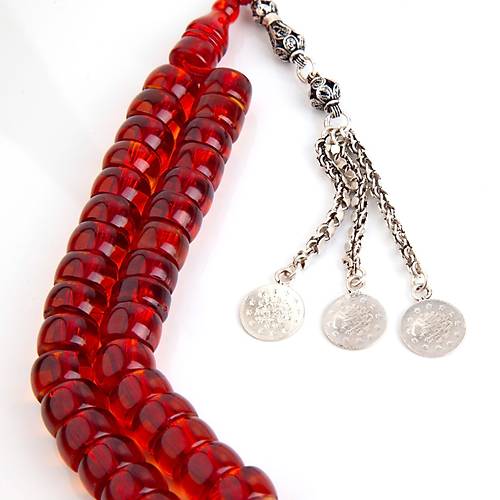 Osmanl Ate Kehribar 1900'ler Dnem i 925 Ayar Gm Pskl F Kesim 14x8mm Tesbih