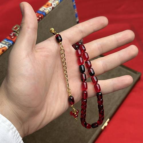 S�kma Kehribar Kaps�l Kesim Alt�n Renk P�sk�ll� 7x11mm Tesbih