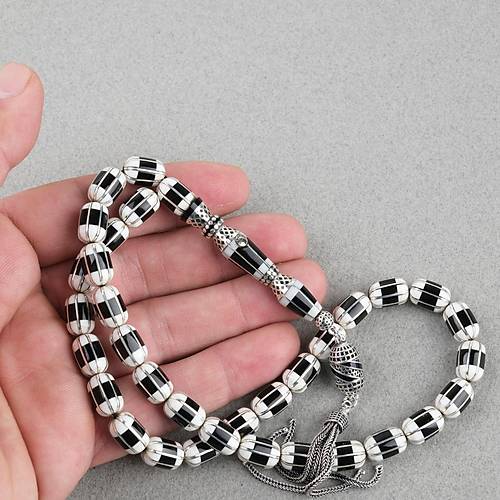 Erzurum Oltu 8 Yarma Katalin leme 925Ayar Gm Pskl, lemeli Nakka mame Kapsl Kesim 8x12mm Tesbih - Beyaz