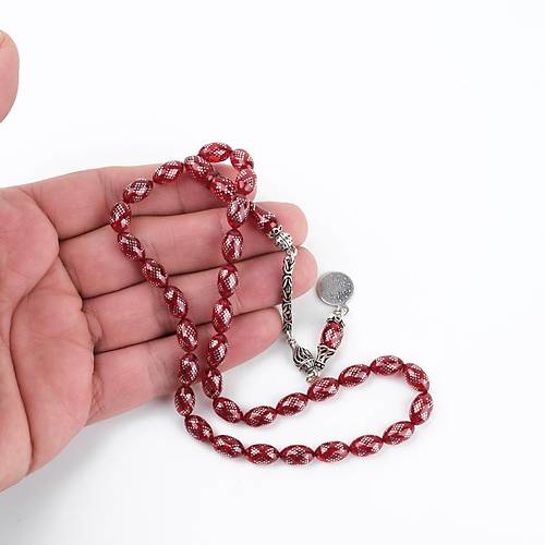 Ate Kehribar 925Ayar Gm akm ve Gm Pskl Beyzi Kesim 6.5x10mm Tesbih -Krmz
