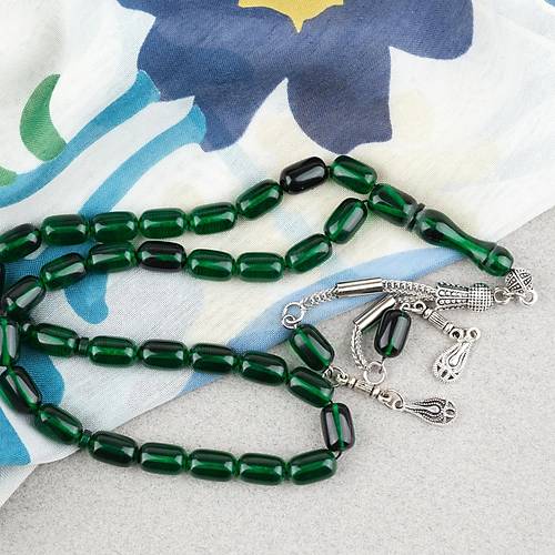 S�kma Kehribar Kaps�l Kesim Alpaka P�sk�ll� 7x11mm Tesbih Koyu Ye�il