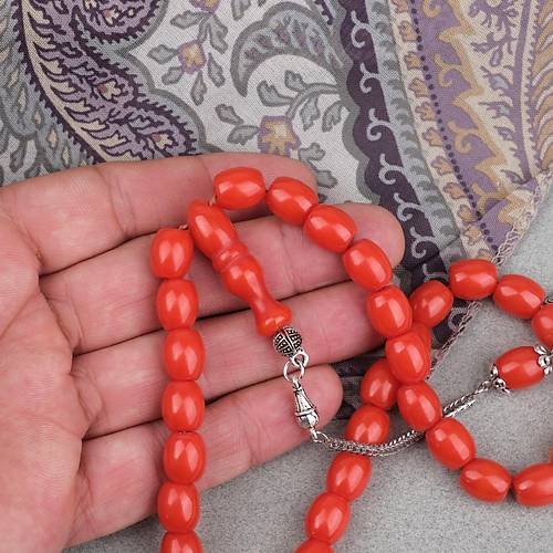 S�kma Kehribar Alpaka P�sk�ll� Beyzi Kesim 9x11mm Tesbih - Turuncu