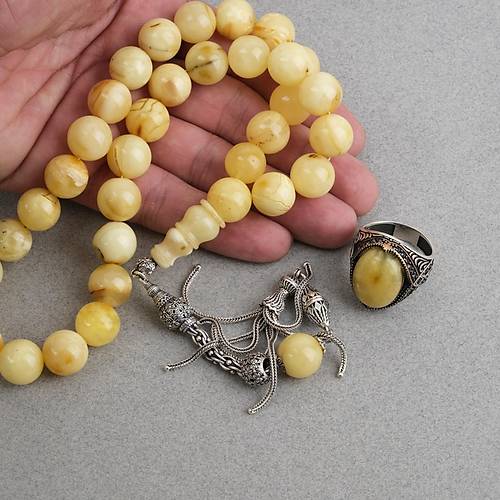 Kaya Damla Kehribar  925 Ayar G�m�� P�sk�l K�re Kesim 13mm Tesbih ve G�m�� Kehribar Y�z�k Seti