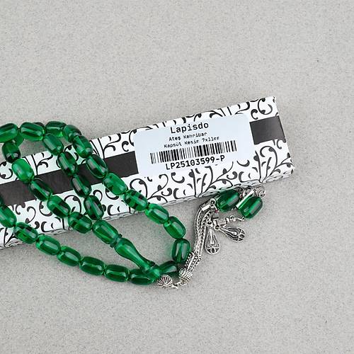 Ate� Kehribar Kaps�l Kesim Alpaka P�sk�ll� 7x11mm Tesbih Ye�il