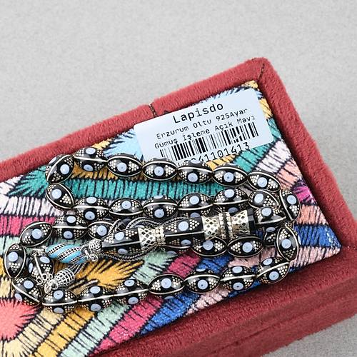 Erzurum Oltu 925Ayar Gm Katalin lemeli Nakka mame Beyzi Kesim 8x11mm Tesbih - Ak Mavi
