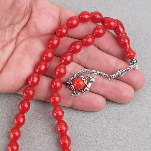 S�kma Kehribar Alpaka P�sk�ll� Beyzi Kesim 9x11mm Tesbih - K�rm�z�