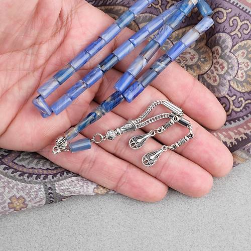 S�kma Kehribar Kesme Kesim Alpaka P�sk�ll� 6x10mm Tesbih Mavi