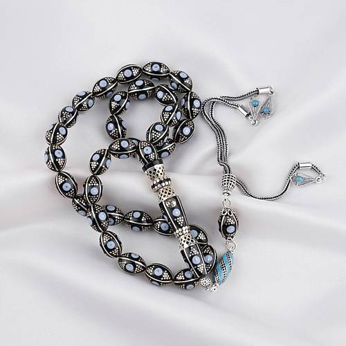Erzurum Oltu 925Ayar Gm Katalin lemeli Nakka mame Beyzi Kesim 8x11mm Tesbih - Ak Mavi
