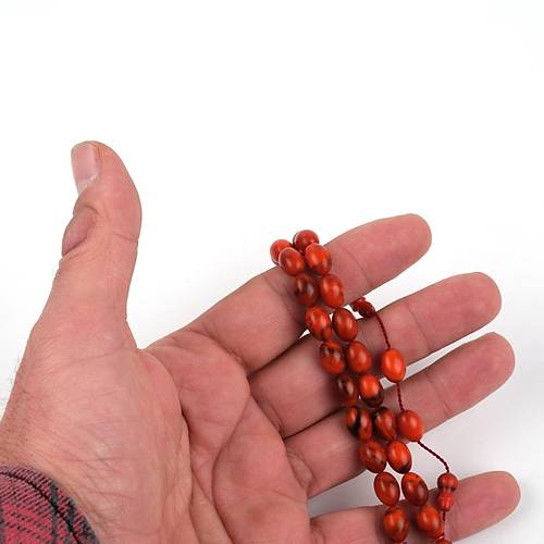 Skma Kehribar -Knal- Usta i mzal Beyzi Kesim 7x9.5mm Tesbih - Turuncu