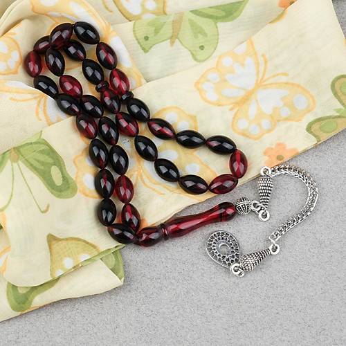 S�kma Kehribar Alpaka P�sk�ll� Beyzi Kesim 7x11mm Tesbih- Siyah K�rm�z�