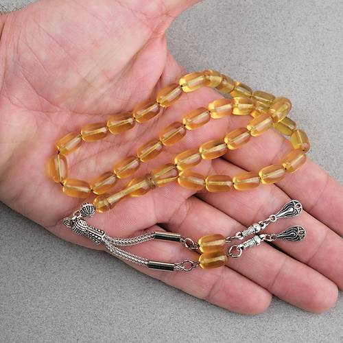 S�kma Kehribar Kaps�l Kesim Alpaka P�sk�ll� 7x11mm Tesbih Sar�