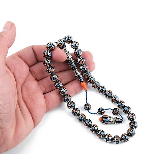 Erzurum Oltu 925Ayar Gm leme Nakka mame Kre Kesim 10mm Tesbih - Turuncu