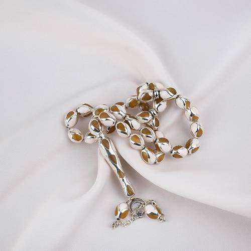 G�m�� Kaplama Kafesli Mine Beyzi 7x9mm Tesbih - Sar� Beyaz