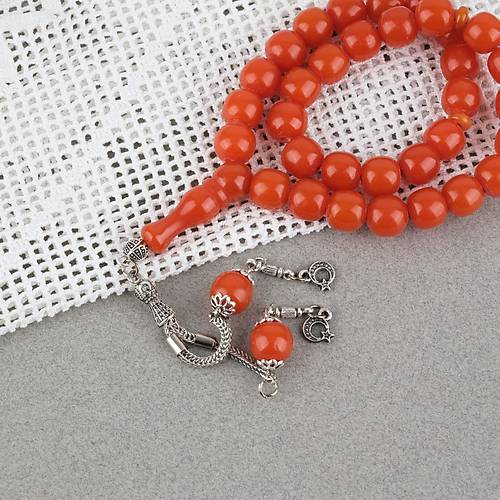 S�kma Kehribar Alpaka P�sk�ll� K�re Kesim 11mm Tesbih - Turuncu