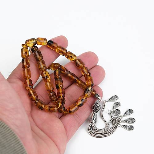 Baltk Damla Kehribar Fosilli 925Ayar Gm Pskl Kapsl Kesim 7x10mm Tesbih