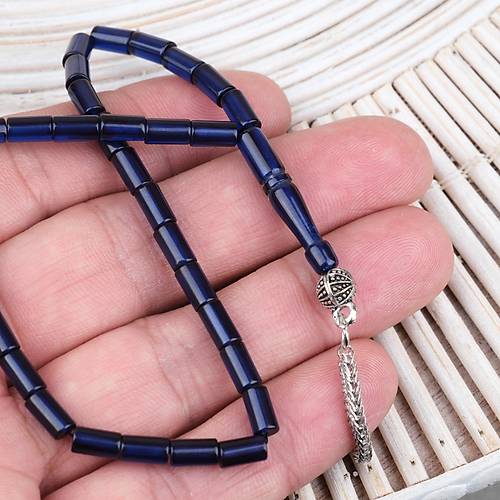 S�kma Kehribar Alpaka P�sk�ll� Kesme Kesim 4x7mm Tesbih- Lacivert