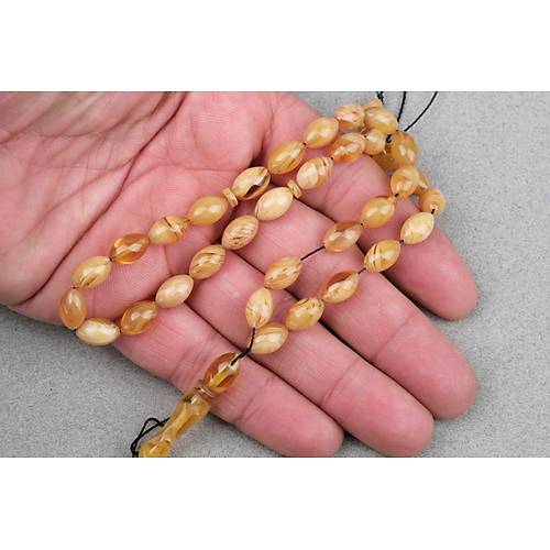 S�kma Kehribar Beyzi Kesim 7x11mm Tesbih- Krem Sar�