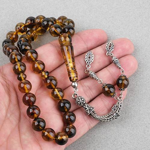 Kaya Damla Kehribar 925Ayar G�m�� P�sk�ll� K�re Kesim 10mm Tesbih